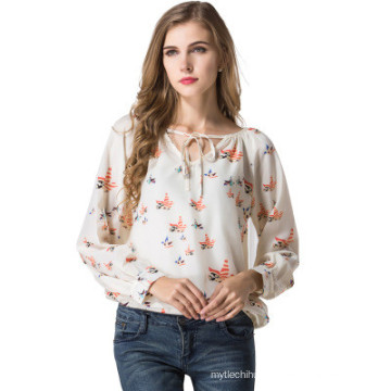 New arrival ladies chiffon blouses elegant design long sleeves printing women blouse